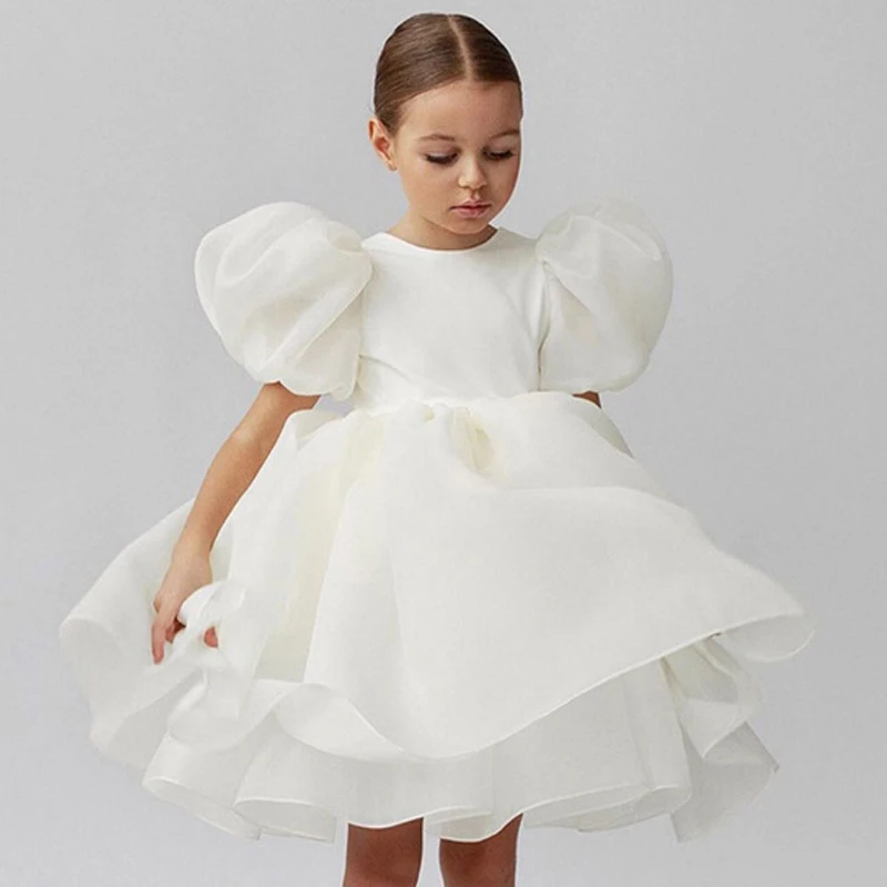 Fashion Girl Princess Christmas Dress Tulle Child Costume Puff Sleeve White Wedding Party Birthday Dress Girls Bridemaid Clothes