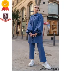 Tunique et pantalon pour femmes musulmanes, ensemble avec manches et ballons, dubaï, Abaya, turquie, turquie, vêtement modeste, Islam, 2021