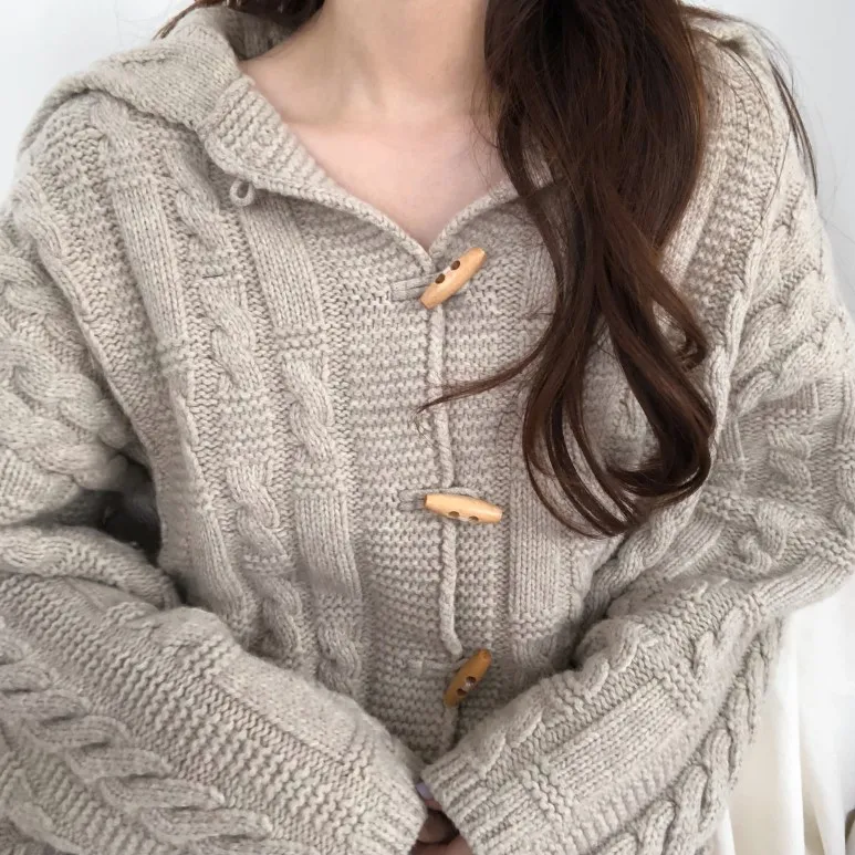 Coarse Knit Long-Sleeved Cardigan Jacket Over Size Sweashirt Sweater Woman Ladyโs Bouses
