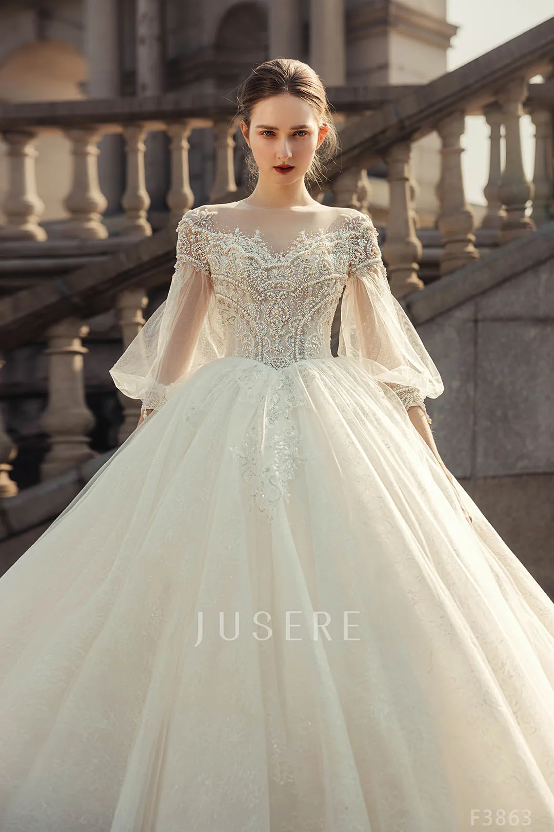 Jusere bridal dress ivory wedding dress bridal gown beaded dress off the shoulder long sleeves with long train