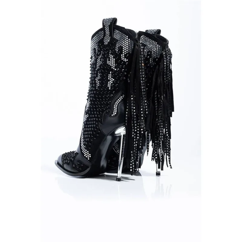 حذاء برقبة نسائي بشراشيب كريستالي ، حذاء بمقدمة قوطية مدببة ، كعب عالي معدني ، أسود منزلق ، موضة السيدات ، الشتاء ، #5