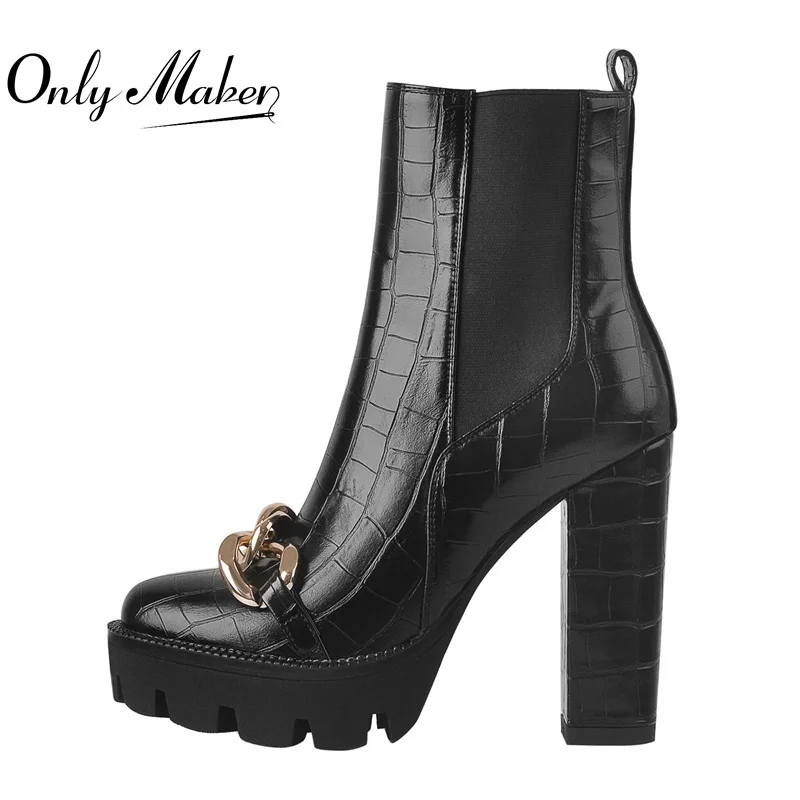 Onlymaker Platform Boots High Heels Matte Black Ankle Boots Metal Decoration Crocodile Print Side Zipper Big Size Booties