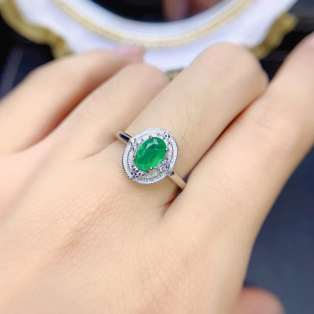 Boutique jewelry 100% 925 Sterling Silver Natural Grandmother Emerald Girls' Ring Electroplated Platinum  Facet Support Recheck