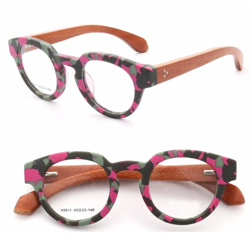 Women Round Optical Glasses Frames Men Wood Acetate Eyeglasses Frames Wooden Prescription Spectacles Pink Camo Vintage Eyewear