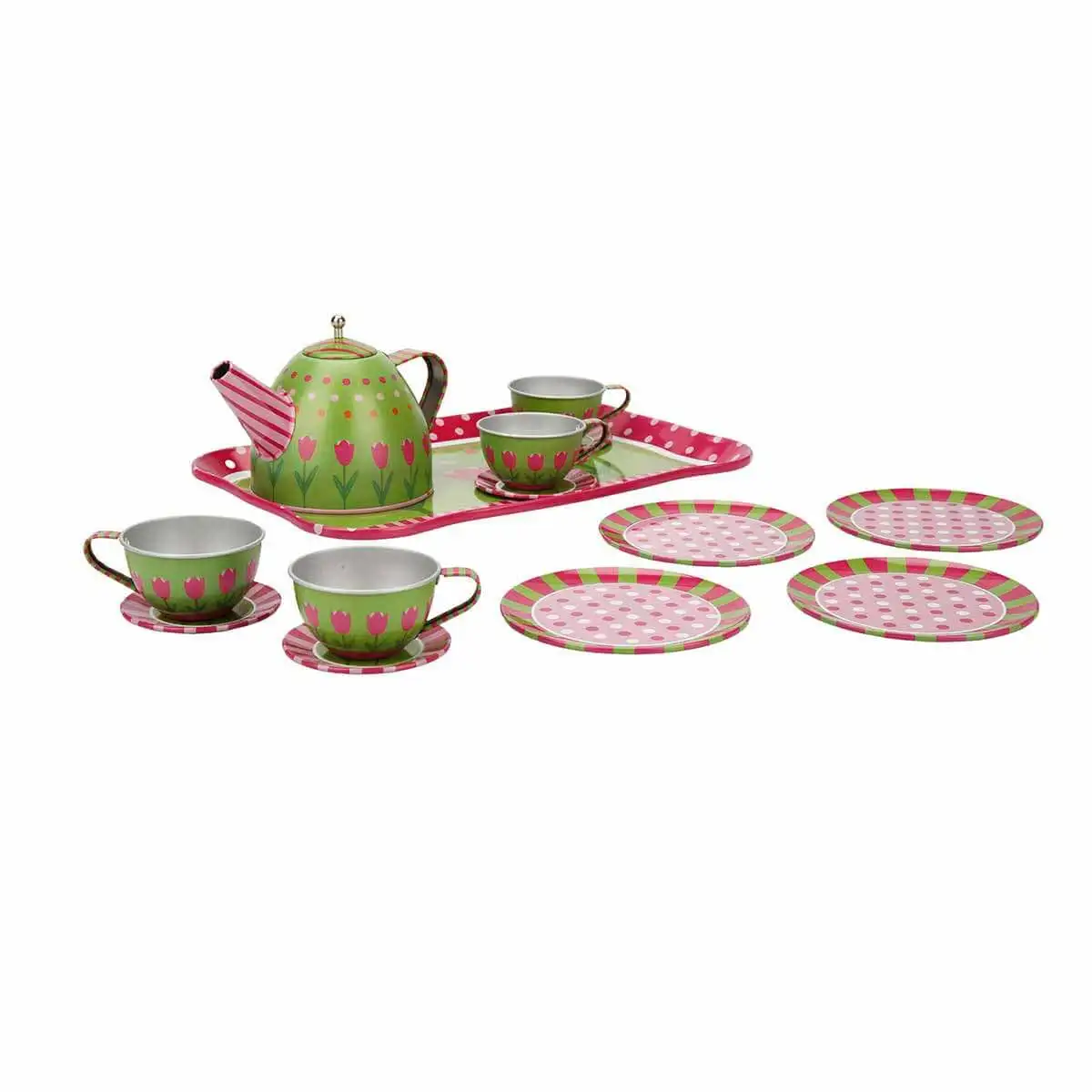 With the Girls Metal tea set consisting of 15 pieces, There are 4 teacups, 1 teapot with lid, 4 coasters and 5 plates.