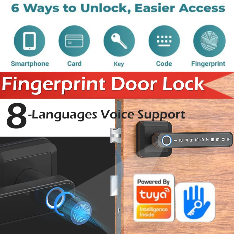 Fingerprint Door Smart Lock with Bluetooth for Tuya APP, Electronic Lock, Biometrics, Password, Key, App Unlock