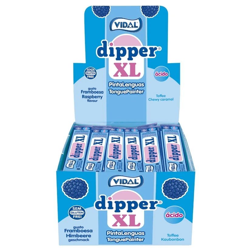 Vidal treats Dipper XL raspberry case 1Kg-flat chewy soft caramel with an intense raspberry flavor and a soft texture that makes it melt in every bite-paint your tongue blue