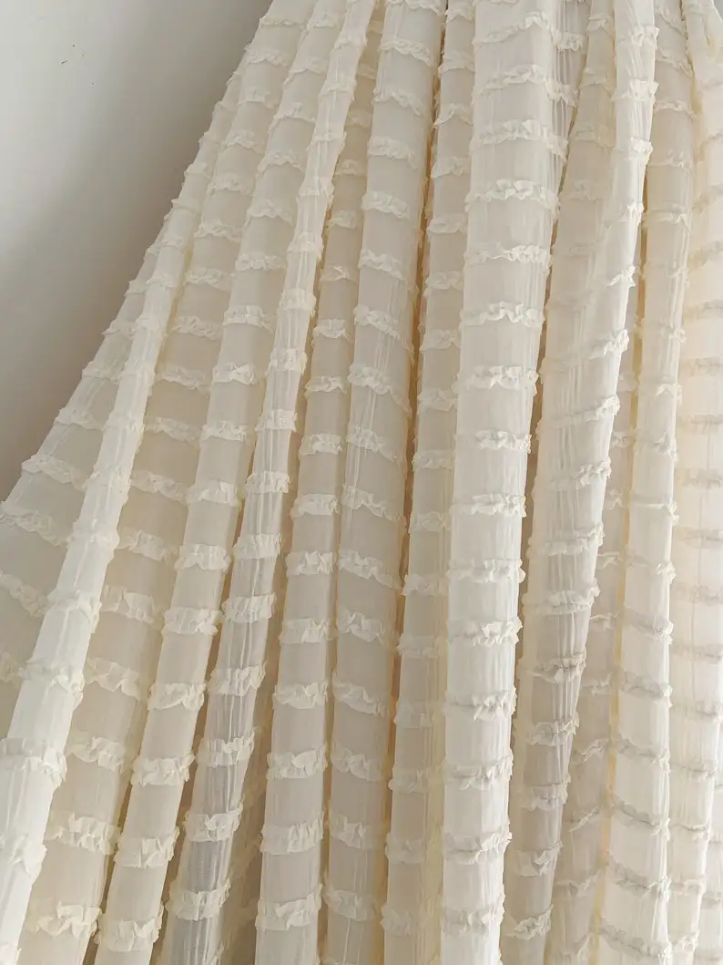 1 Yards Ivory Creased Chiffon Fabric With Ruffles, Chiffon Fabric With Frills For Dress Couture Costume