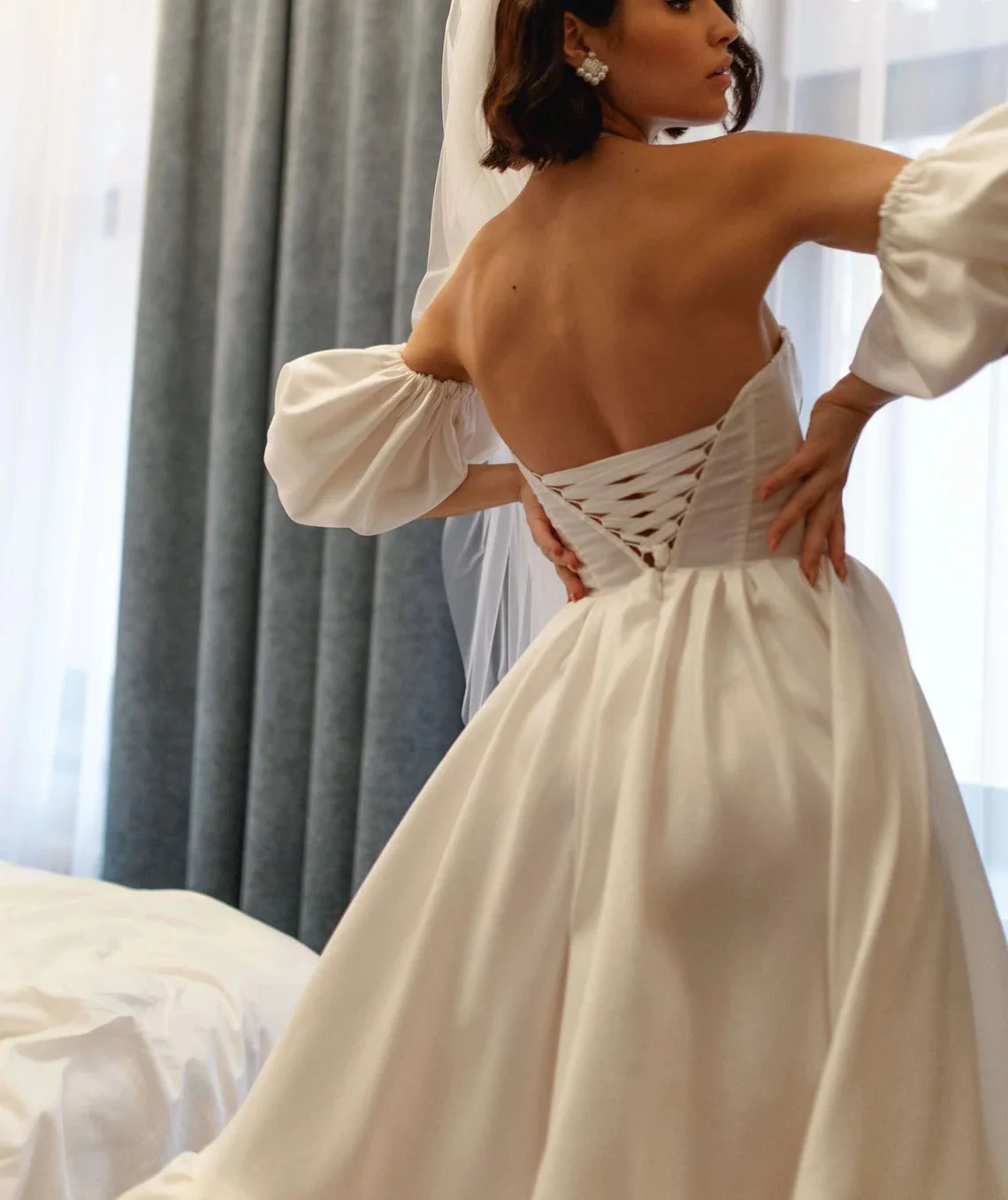 11918#Lantern Sleeves Gorgeous Boho Sweetheart Open Back Tea Length Satin Wedding Dress Wedding Bridal Gown свадебный наряд