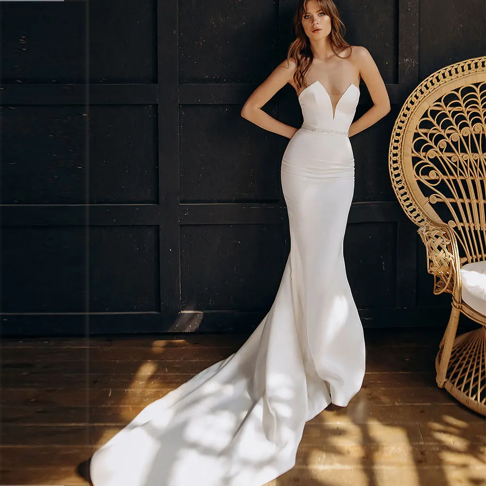 Sexy V-hals Mermaid Wedding 2021 Jurk Satijn Verwijderbare Trein Terug Rits Bruidsjurk Eenvoudige Strand Vestidos De Novia Custom gemaakt