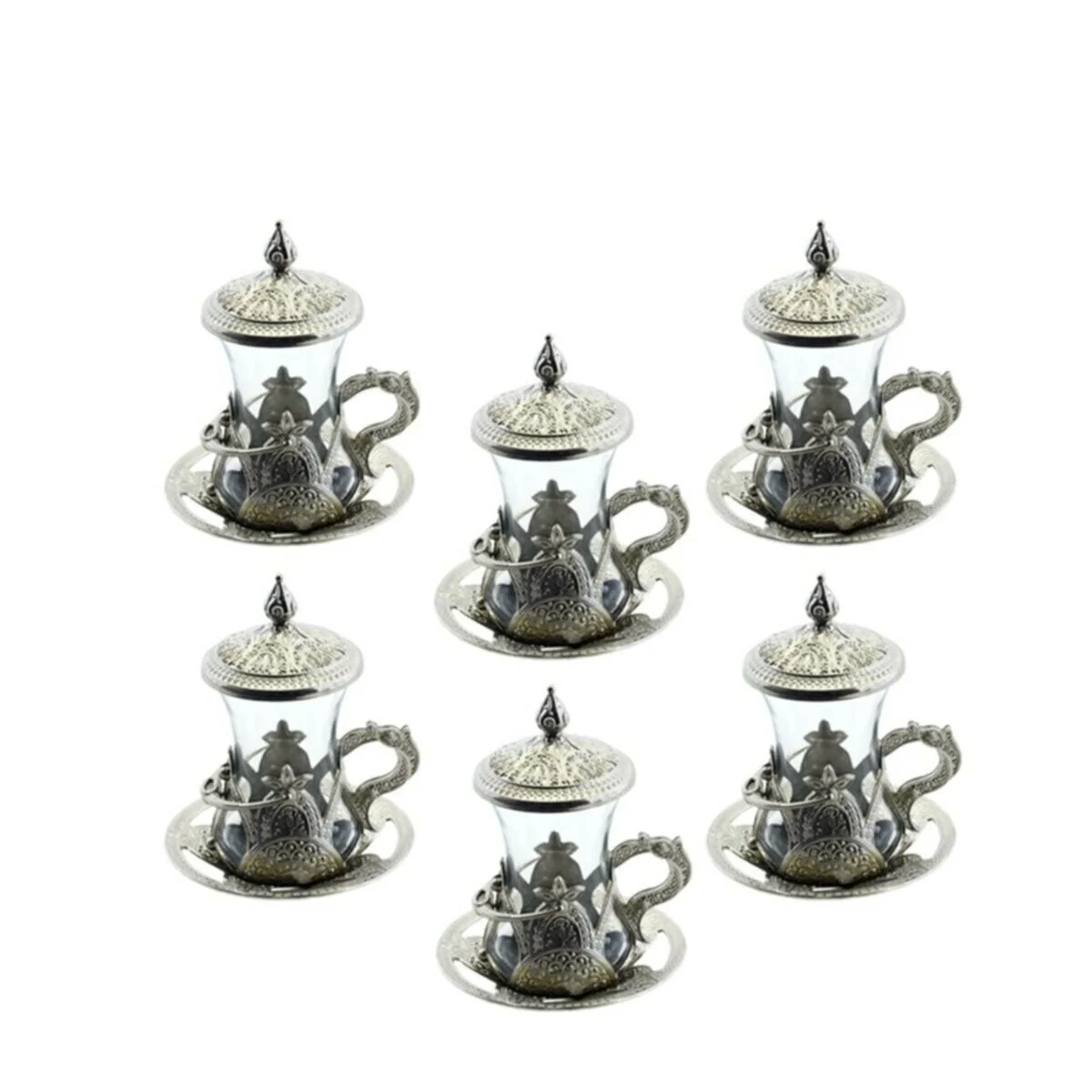 Authentic Tea Cup Set for 6 with Lid and Saucer, Traditional Turkish Ottoman Gold Silver Metal Zamak Stylish Gift