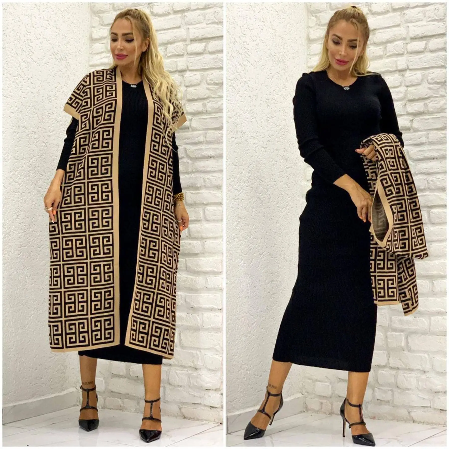 2 Piece Women\'s Set %100 Cotton Knitwear From Turkey Turtleneck Dress and Cardigan Suit Elastic Waist Loose Fit Big size African