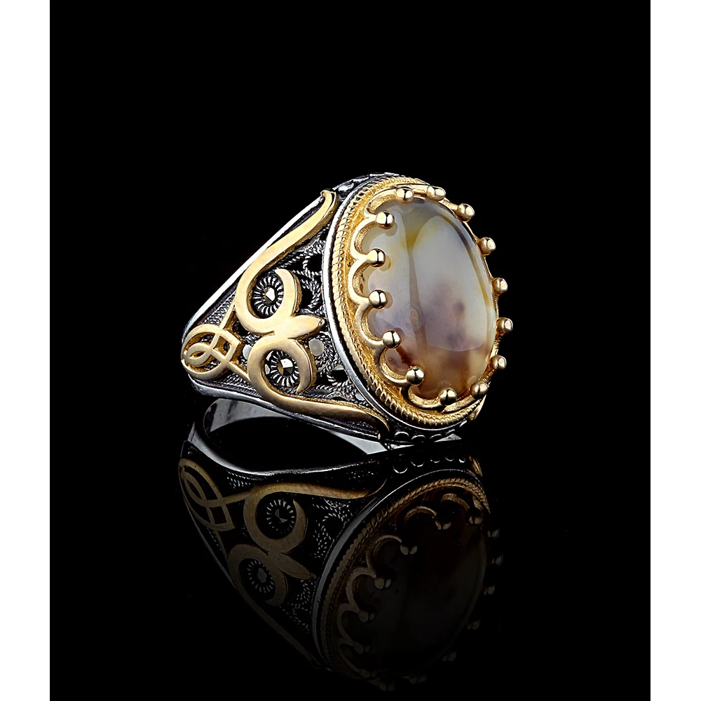 Ethnic 925 Sterling Silver Men's Rings with Natural Agate Stone Rings for Men