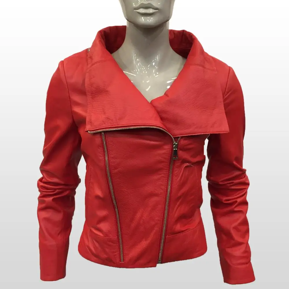 Women Genuine Leather Red Jacket Real Sheepskin Jumbo Coat Motorcycle Biker Short Casual Coat New Fashion Outerwear