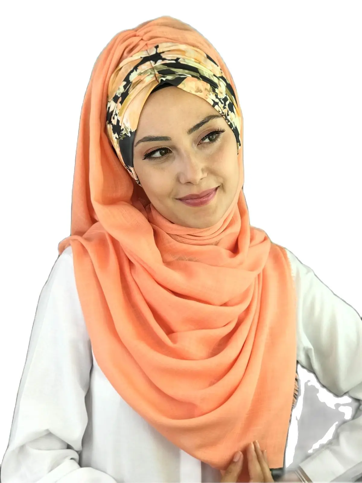 2022New Fashion Hijab Women Muslim Islamic Turban Chiffon Scarf Hat Foulard Floral Pattern Pleated Light Orange Ready Made Shawl