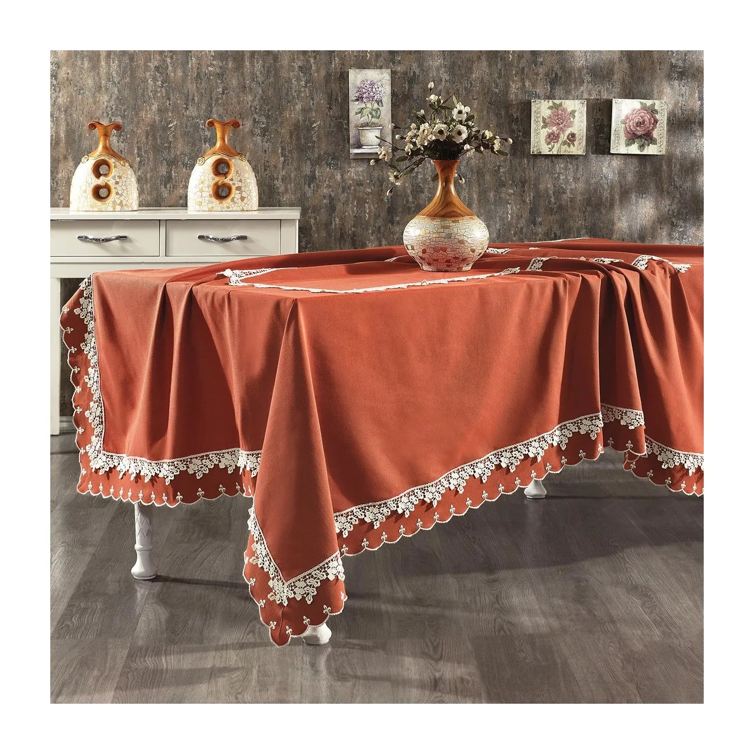 Romantic Lace and Embroidered Table Cloth (160 x 260CM) Embroidered Table Cloth made of 100% carefree linen fabric FAST SHIPPING