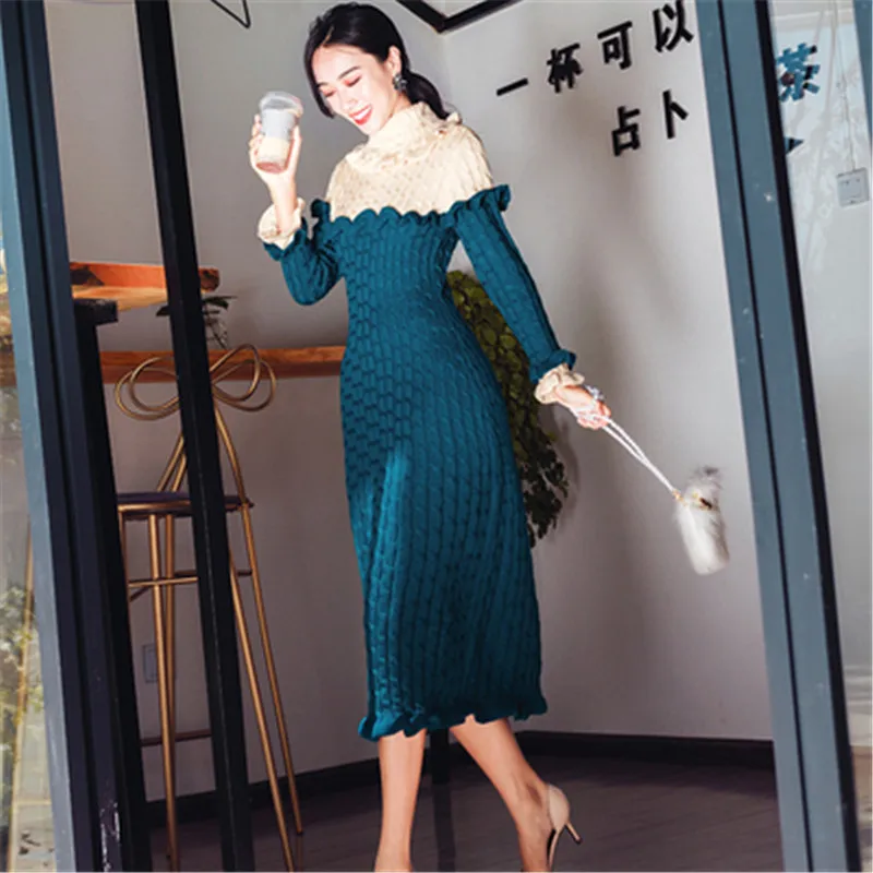 Sweater Slim Dress 2020 Autumn Winter New Retro Elegant Large Lapel Collar Color Matching Thin Temperament Long Sleeve Dress