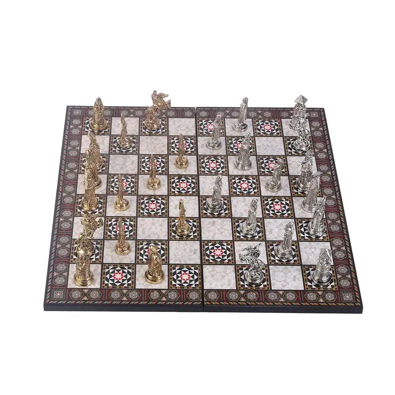 Ottoman vs Byzantine Figures Metal Chess Set for Adults, handmade Pieces and Mosaic Design Wooden Chess Board King 7 cm