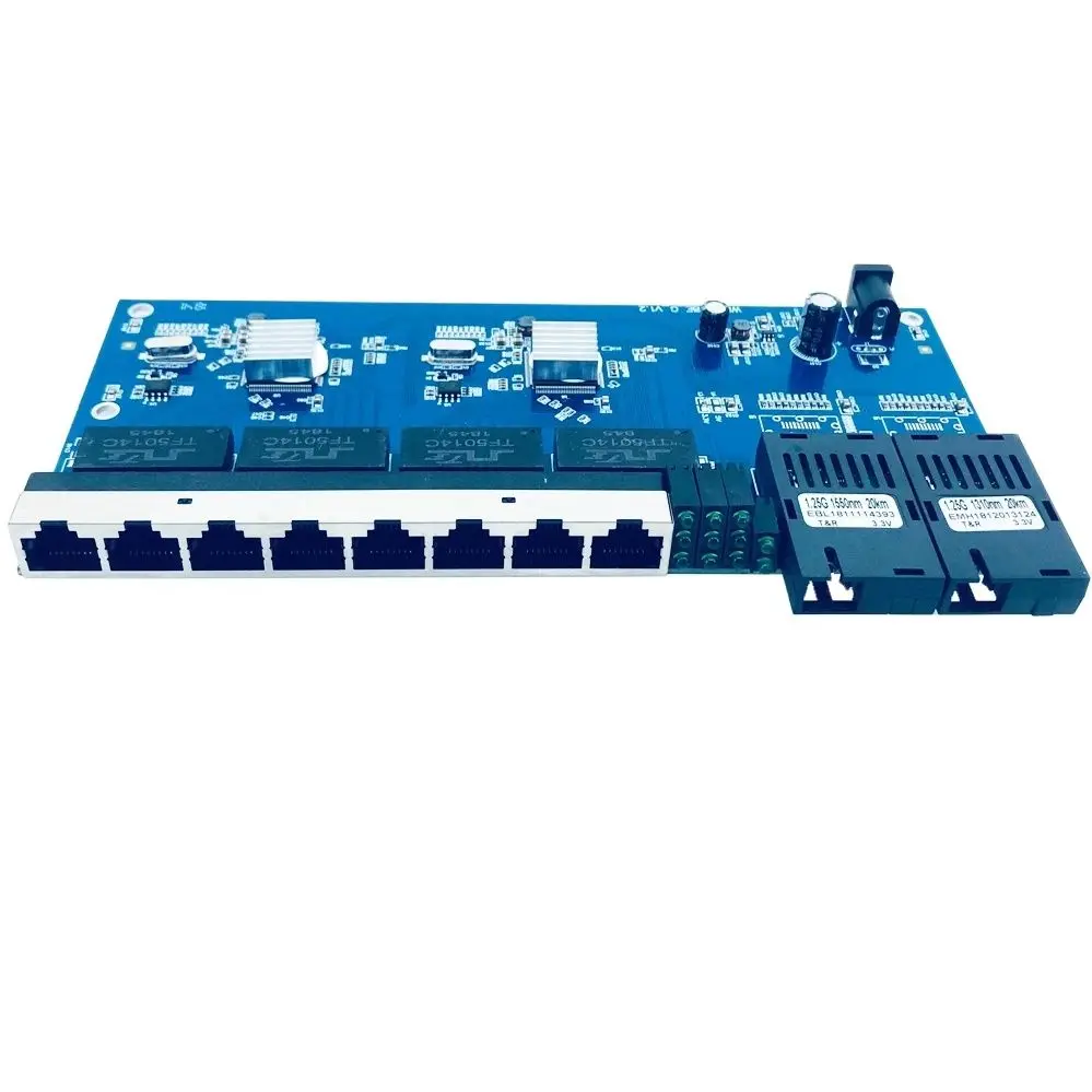 Fiber Switch Media Converter Transceiver FTTH 2SC 1A 1310nm 1B 1550nm 20KM 8RJ45 UTP PCBA Board With 5V2A Power Adapter 1.25G MC