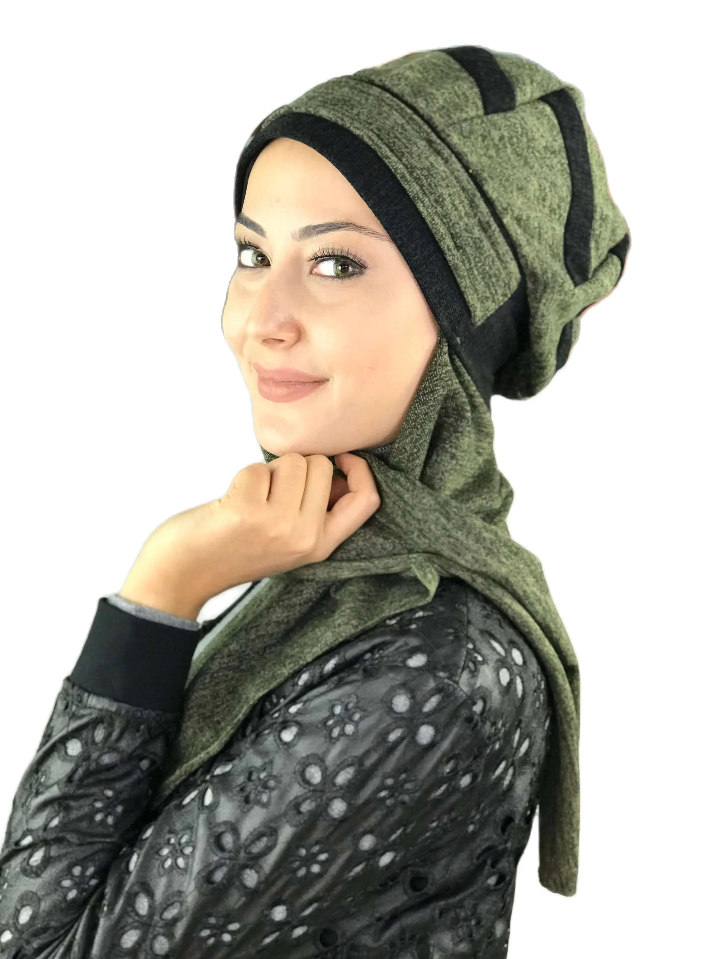 2023 New Fashion Women Hijab Ladies Bone Basic Chiffon Chemo Cancer Head Beanie Oil Green&Black Buckled Scarf Beret Shawl