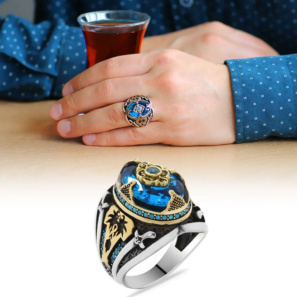 

925 Sterling Silver Ring for Men Topaz Stone, Jewelry Fashion Vintage Gift Onyx Aqeq Mens Rings All Size