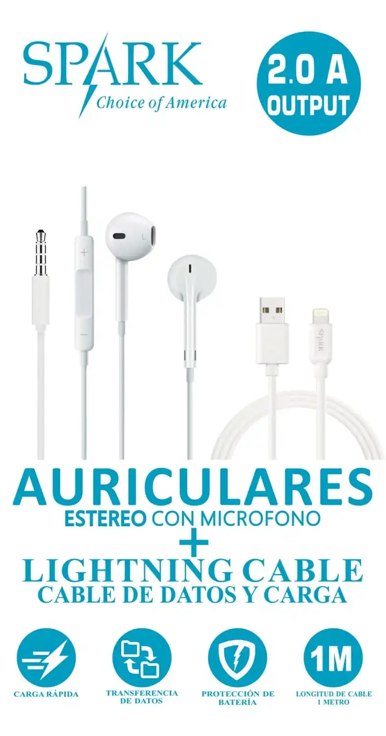 SPARK - Auriculares Manos Libres STEREO, Compatible con Android y Iphone 5/6/6S JACK 3.5mm + Cable LIGHTNING APPLE