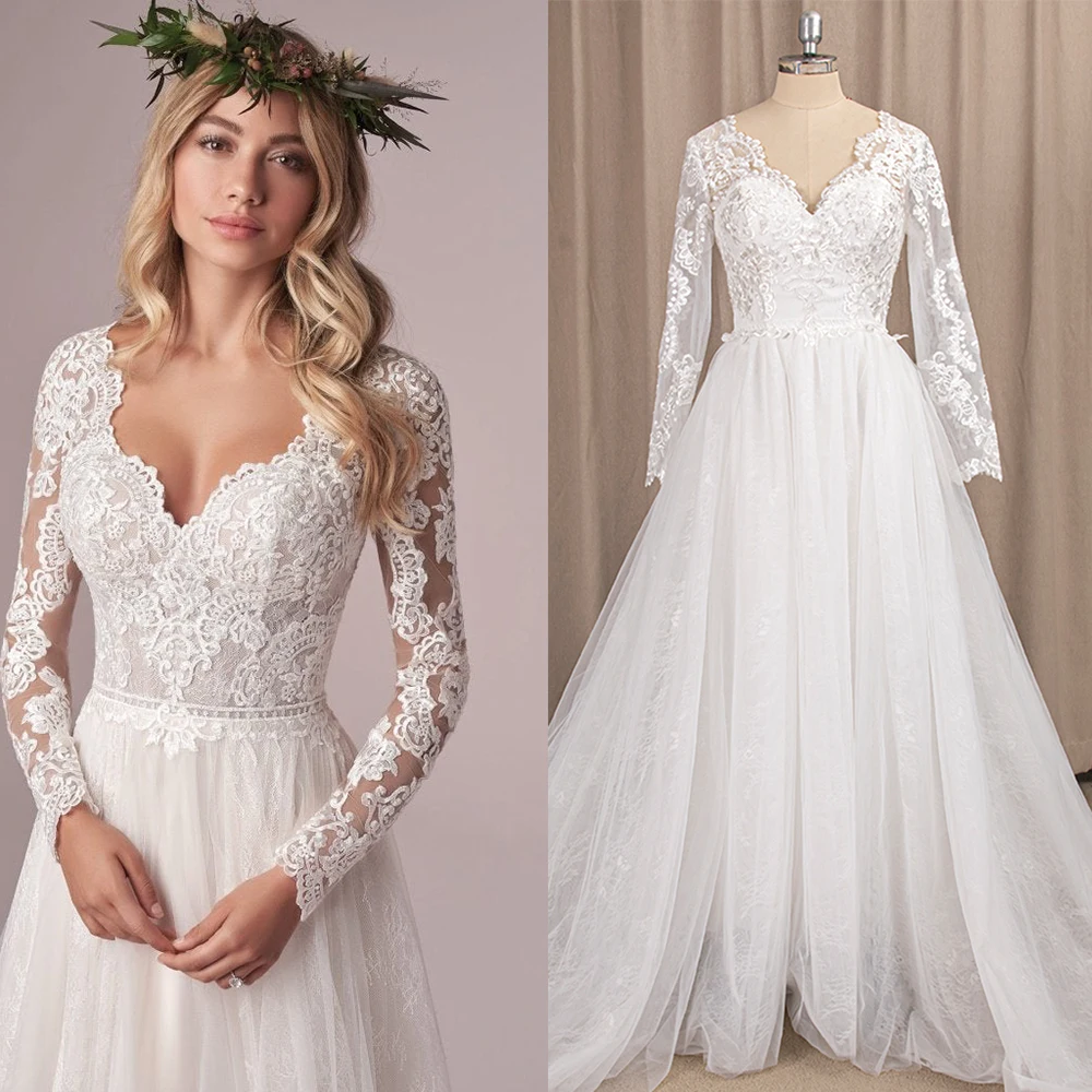 Apliques florais vestido de casamento de tule romântico laço feito sob encomenda mais tamanho mangas compridas cabidas com decote em v aberto para trás fofo vestido de noiva