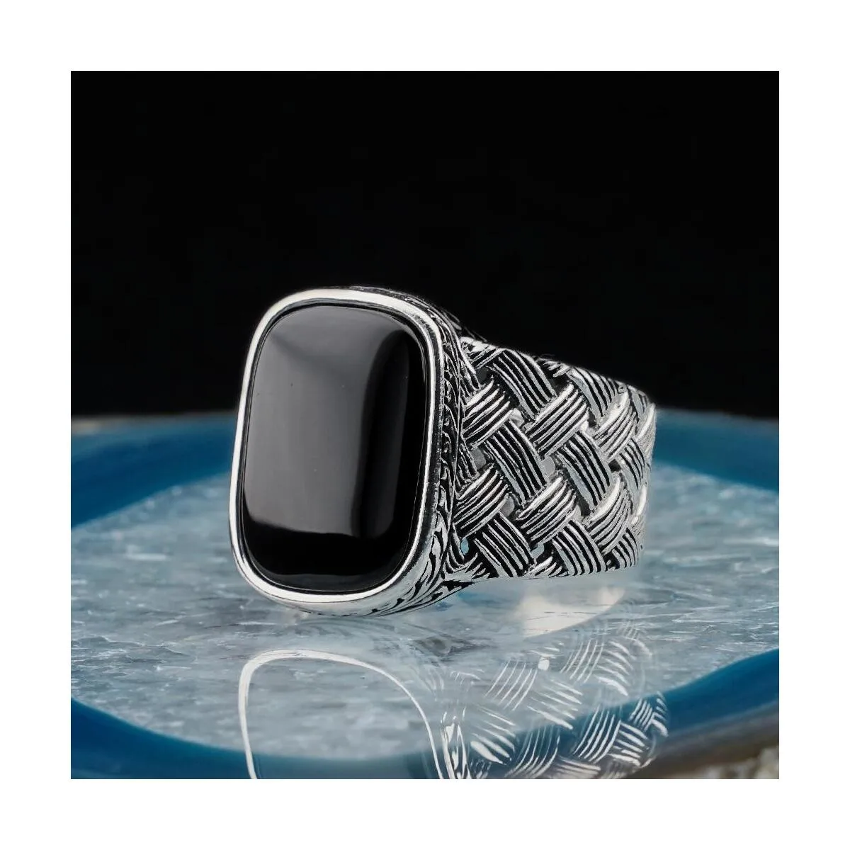 925 Sterling Silver Knitted Patterned Balck Onyx Stone Men's Ring Exclusive Chic Accessory for Men Special Ring