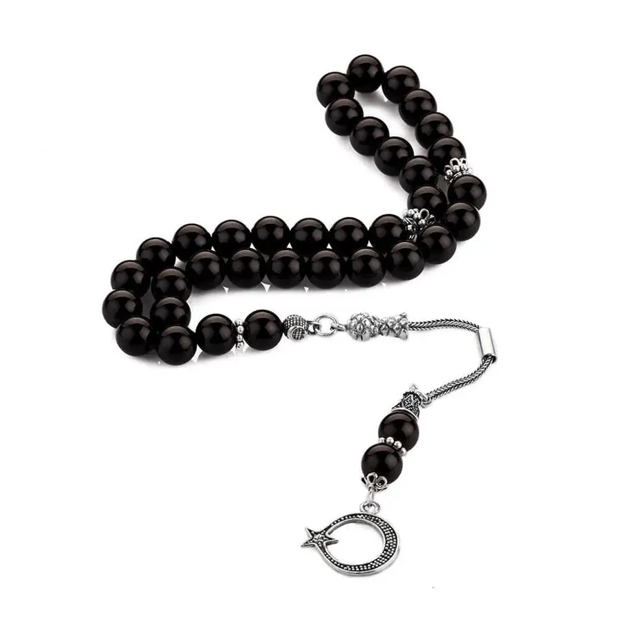 

Silver Black Onyx Gemstone Prayer Rosary Men Sphere Cut Rosary With Silver Tassel Turkish Tasbih Crescent Star Model Tassel