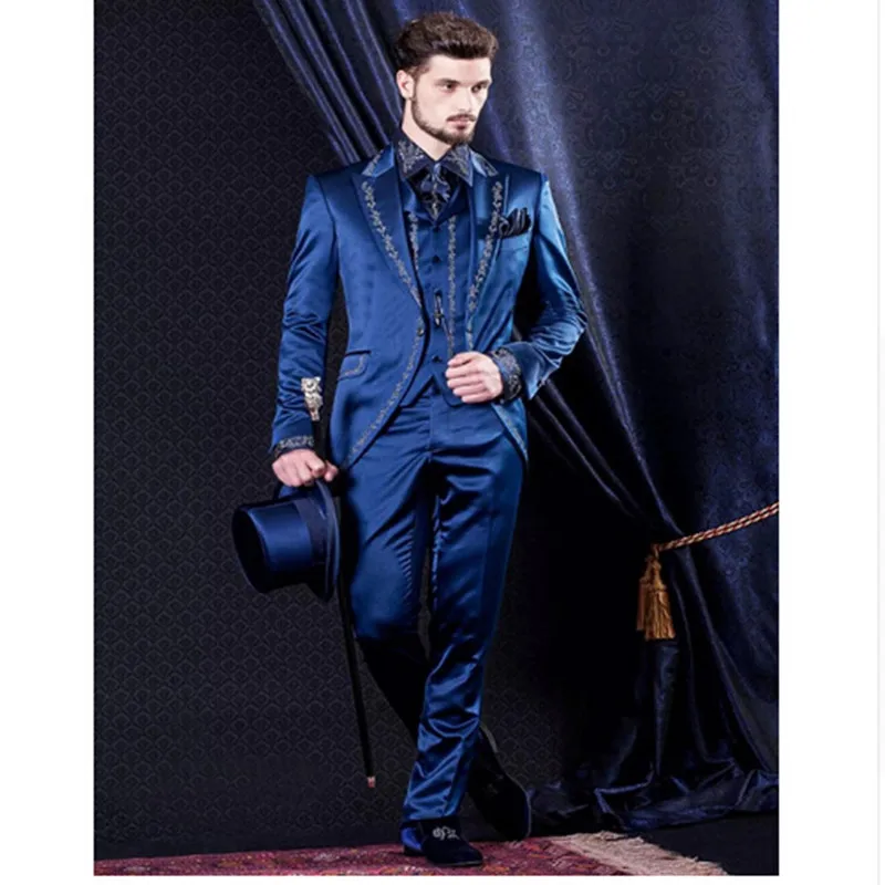 Handsome Newest Wedding Tuxedos Peaked Lapel Satin Fabric High Quality New Design Men Formal Suits Bridegroom Three Pieces