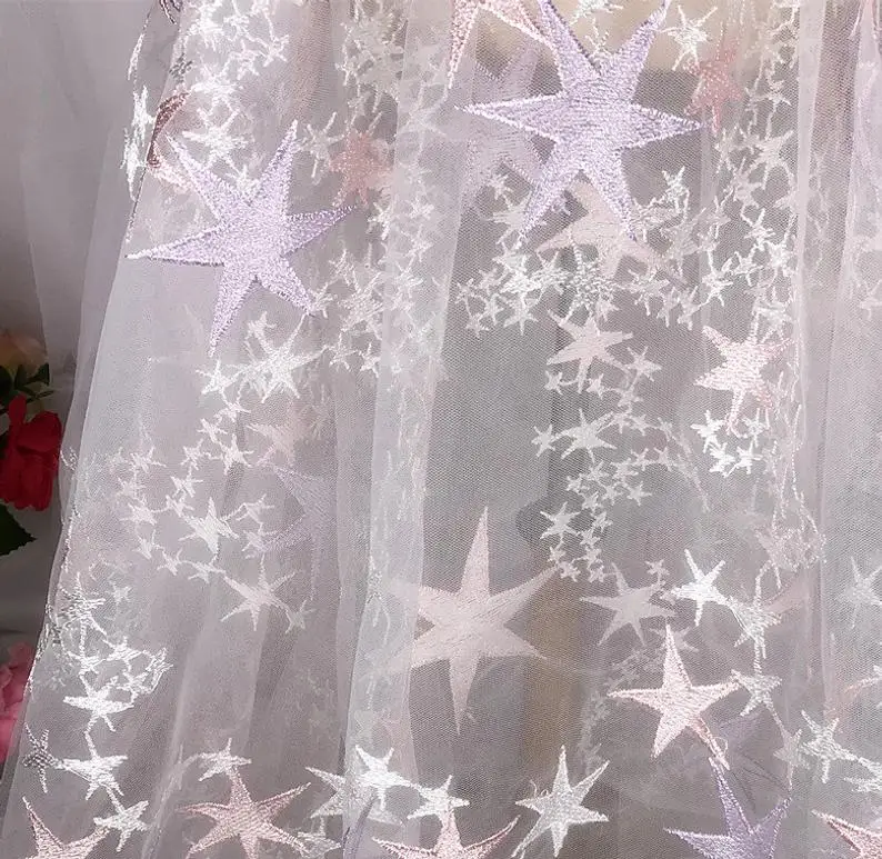 

Pink white Stars embroidery Lace Fabric Star tulle lace for Girl Dress,Prom Dress, bride dress, Evening Dress, Summer Dress