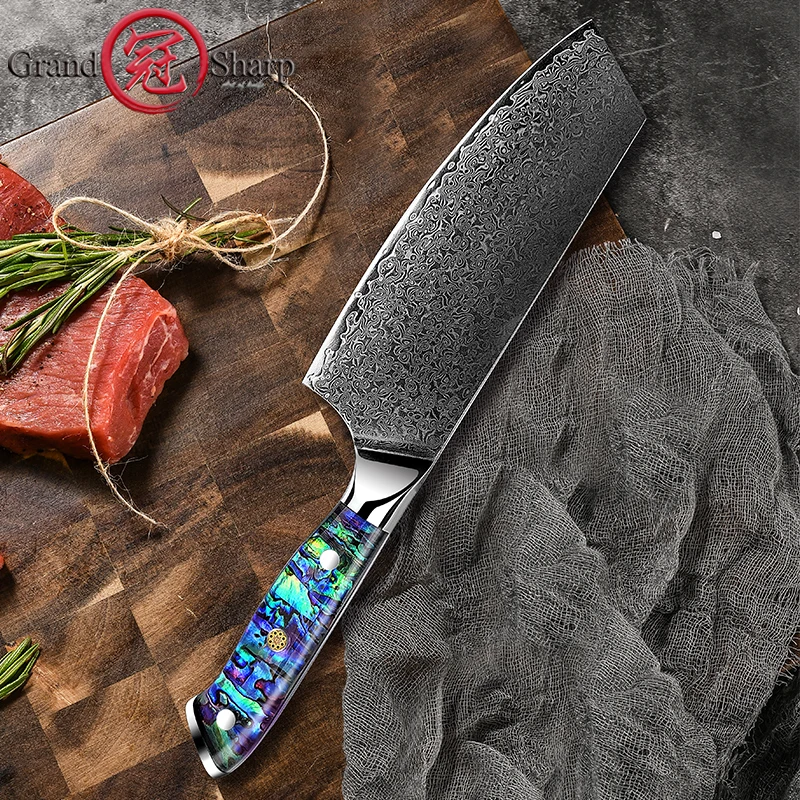 Grandsharp Damascus Cleaver Knife 7 Inch Japanese Damascus Steel Vegetables Meat Kitchen Cooking Tools Cutlery Abalone Shell NEW