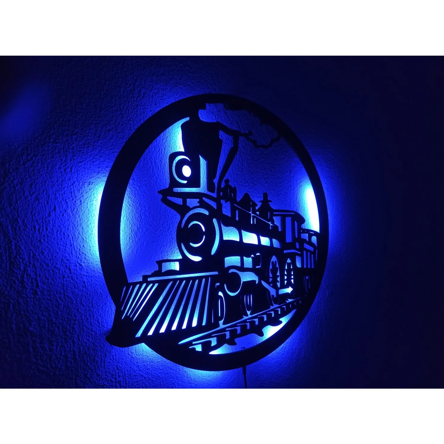 Treno LED illuminato pittura murale Led illuminato legno 4 mm Mdf tavolo decorativo 50 x50cm illuminato legno/decorazione della parete blu