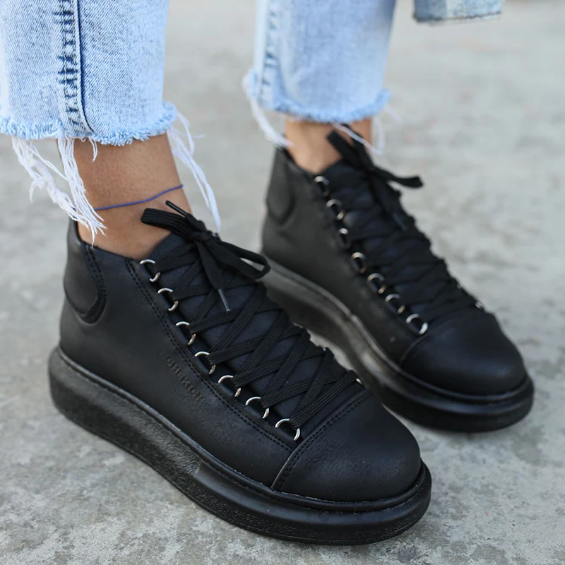 Chekich Women's and Men's Shoes Black Color Artificial Leather Winter Autumn Seasons Lace Up Sneakers Ladies & Gentlemens Ankle Fashion Solid Wedding Basic Boots Flexible Footwear Office Wedding New CH258 Women V7