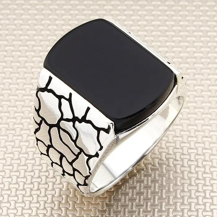 

Rectangle Black Onyx Stone Men Silver Ring With Soil Crack Motif Made in Turkey Solid 925 Sterling Silver