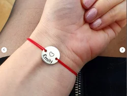 Personalized Name Bracelet, Custom Engraved Coin Charm with Heart Couple Bracelet, Baby Bracelet, Engraved Disc, Adjustable Stri