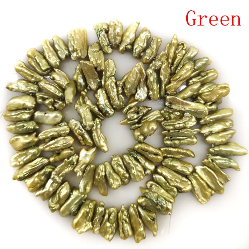 16 inches 12-20mm Side Drilled Green Natural Stick Shaped Baroque Biwa Pearl Loose Strand