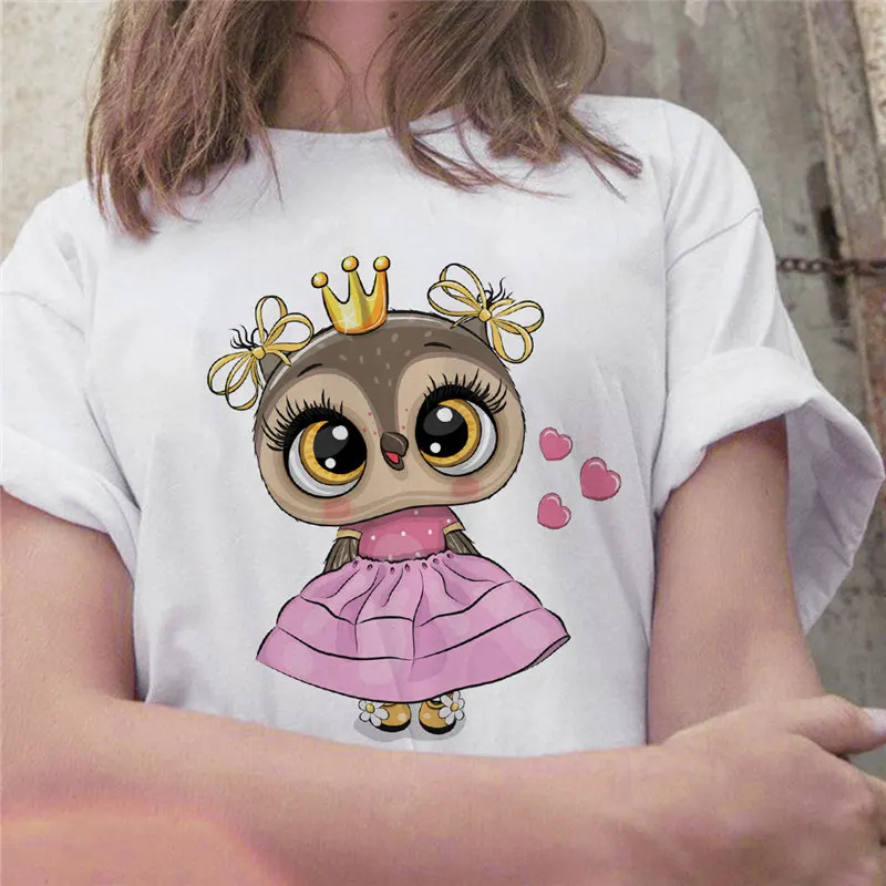 Summer New Top Trend Cute Owl Funny print Harajuku ladies T-shirt casual basics O-collar white shirt short sleeve ladies T-shirt