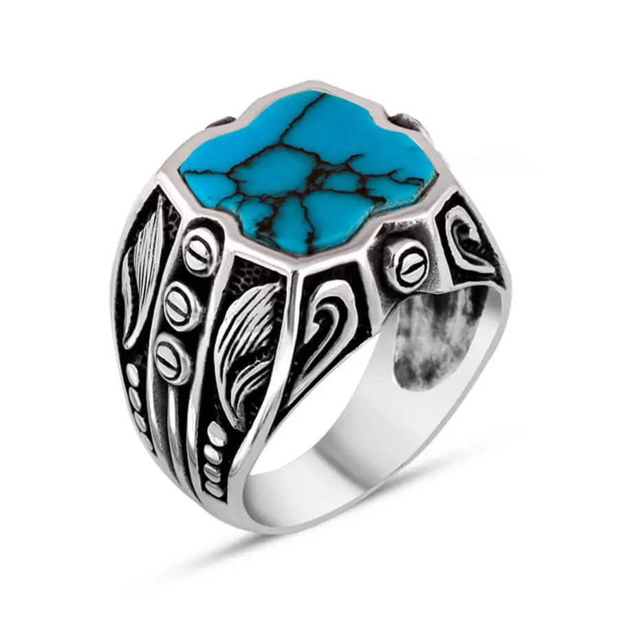 

Turquoise Turquoise Stone Lined Leaf Motif Silver Men's Ring Fashion Turkish Premium Quality Handmade Jawelery