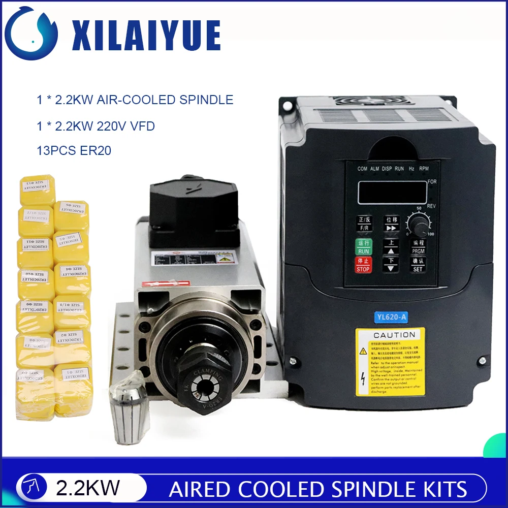 2.2kw Air-cooled Square Spindle Motor Kits 220V CNC Air-Cooled Spindle+2.2KW Inverter+ER20 Collet Spindle Motor Milling for CNC