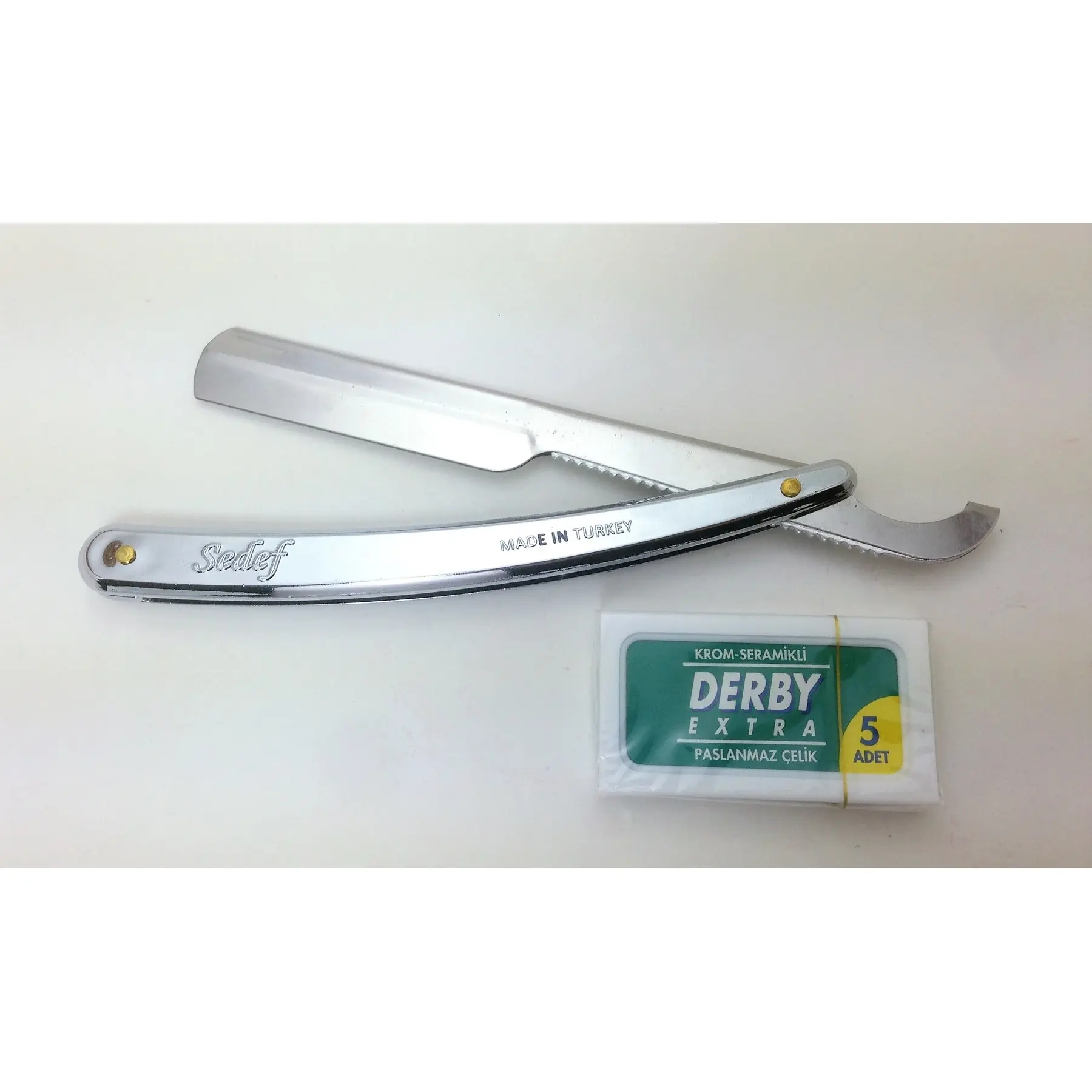 

AWESOME Chrome plated straight razor + 5 gift derby double edge blades-light .