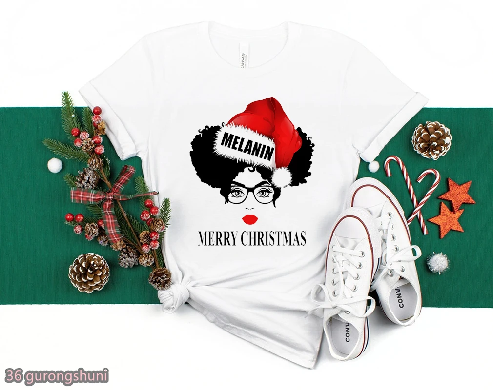 

Merry Christmas Black Queen Afro Graphic Print T-Shirt Diva Red Lips Puffs Melanin Santa Claus Tshirt Femme Harajuku Shirt Tops