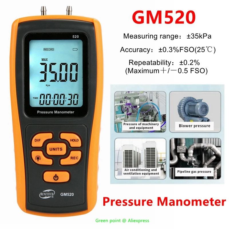 5PCS Digital Pressure Manometer GM520 LCD Backlight Display Pressure Gauge Tester 11 Measurement Units Available With USB Port