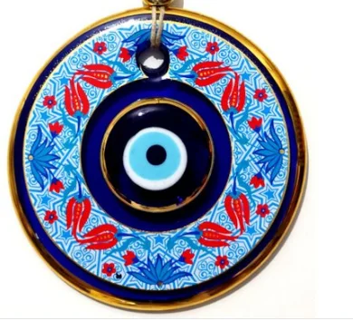 Big Size-14 cm Diameter-  Ottoman TulipPatterned Glass Blue Evil Eye Wall Hanging Ornament – Turkish Nazar Bead - Ho