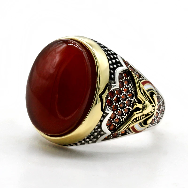 Real 925 Sterling Silver Men's Rings Signet Party Fine Jewelry Pave Setting Red Cubic Zircon Agate Stone Ring for Men