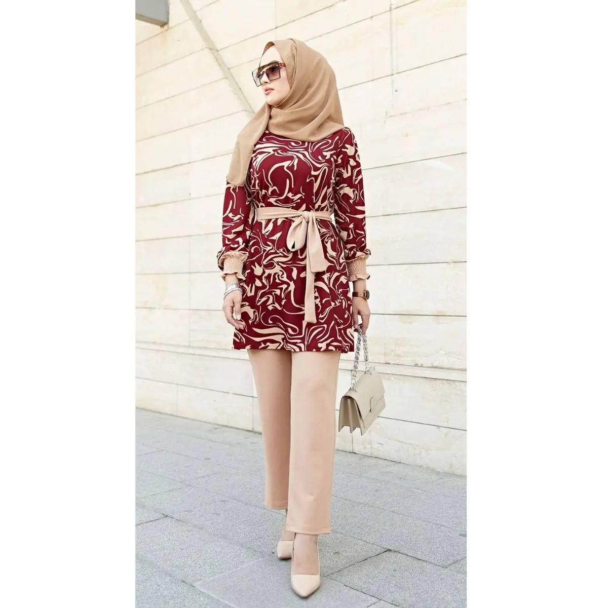 Rosella Hijab Set Long Elastic Sleeve Two Colors Round Collar Belted Pants Elastic Waist Seasonal Summer Hijab Clothing