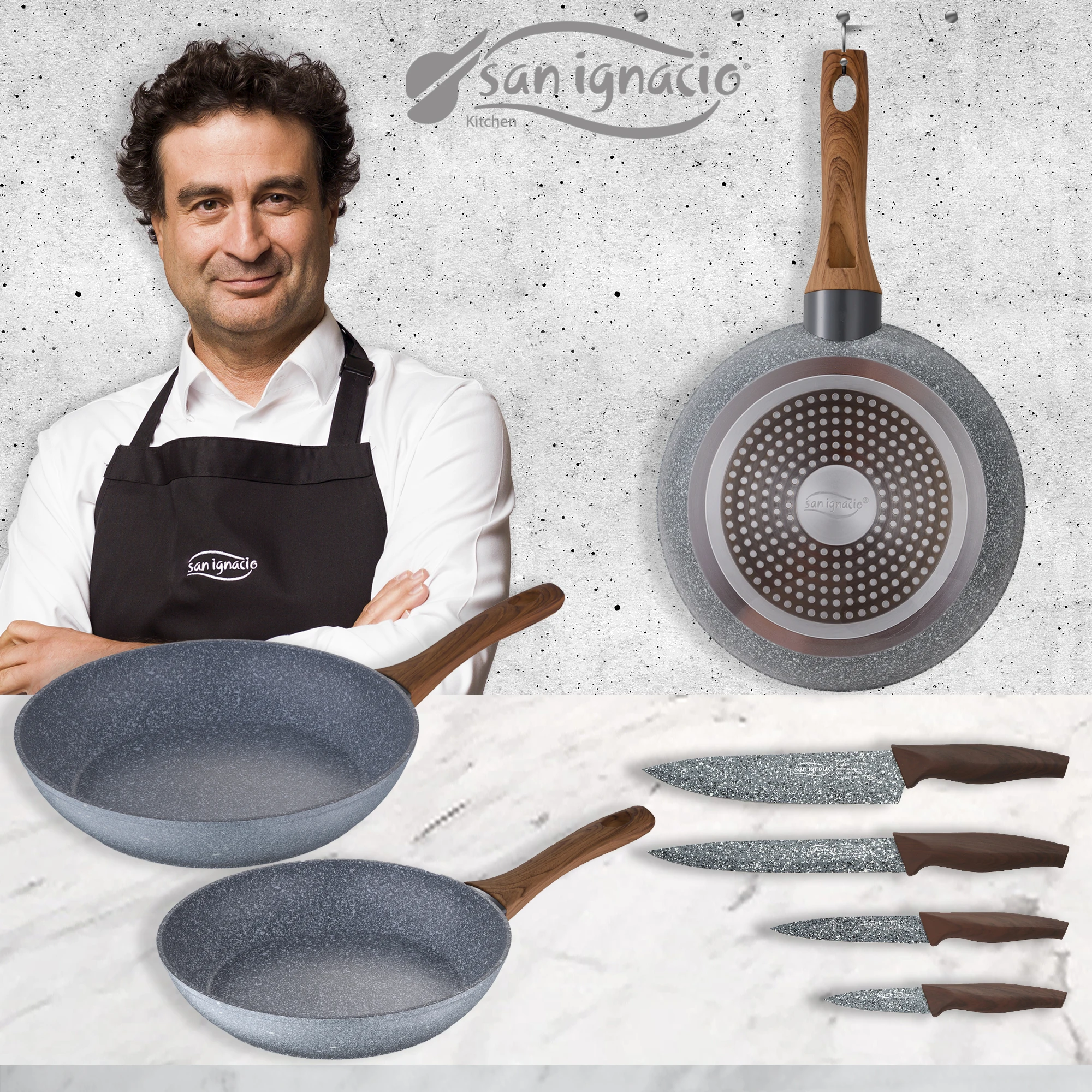 SAN IGNACIO Daimiel wrought aluminium pans (20,24,28cm) suitable for induction and aluminum kitchen knife set