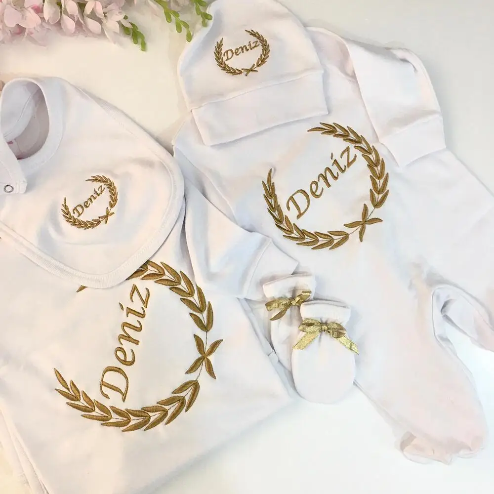 Custom Embroidery Baby Sets 5 Pieces Personalized Name Blanket Bodysuit Hat Hospital Outfit 2022 Newborn Clothing Gift Fashion