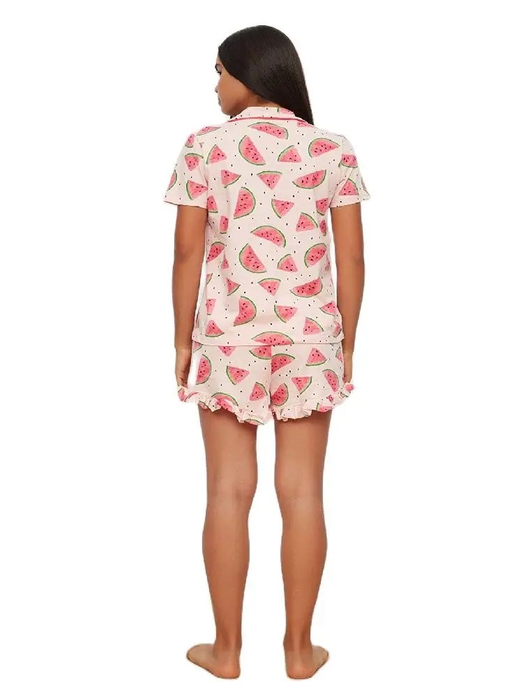TuBiTeX Pink, Short-Sleeve, Shorts, Button, Rabbit Pattern, Knitted Pajamas Set, Suit, Viscose