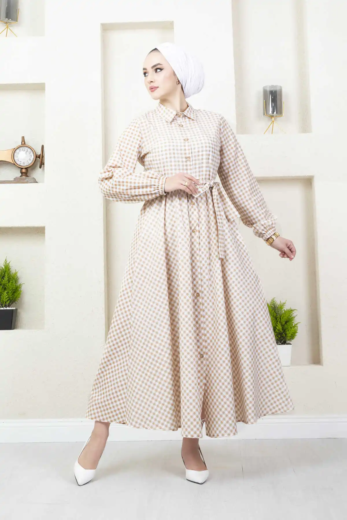 Women 88gingham Patterned Hijab Dress Ramadan Eid Mubarak Chiffon Outdoor Abaya Kimono Dubai Turkey Islamic Kaftan Muslim Robe Femme